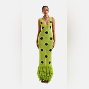 Hanifa Lime Green Knit Maxi Dress with Black Polka Dots